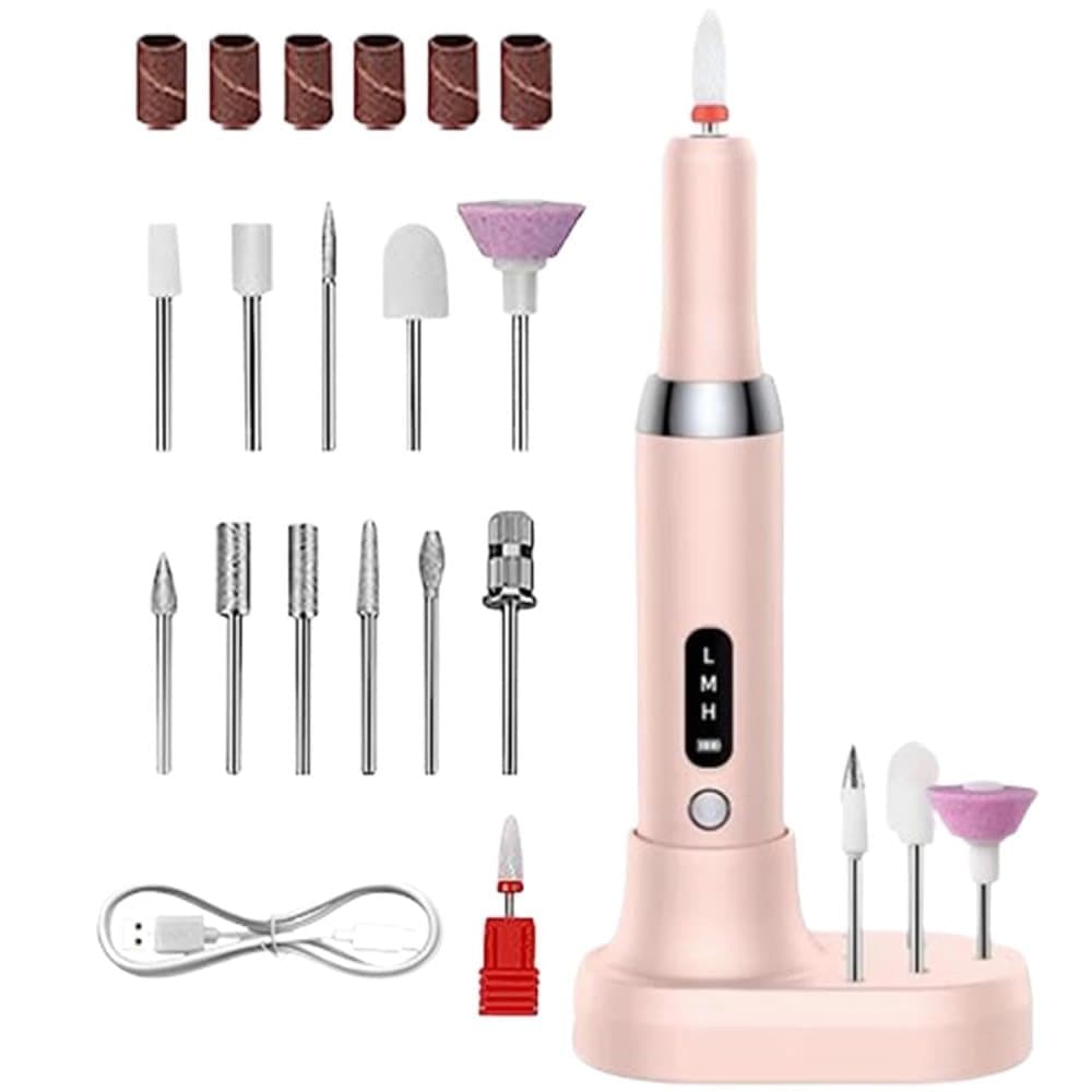 Electric Nail File Rechargeable with 12 Grinding Heads, Adjustable Speed 15000RPM, Pink - Image 1