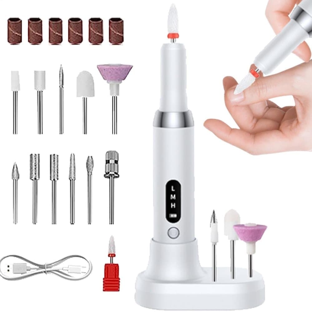 Electric nail file 12 grinding heads rechargeable 15000RPM adjustable speed multifunctional, White - Image 1