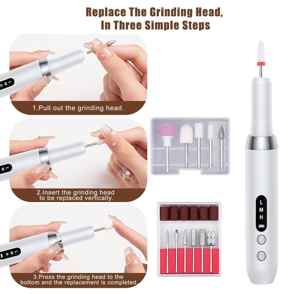 Electric nail file 12 grinding heads rechargeable 15000RPM adjustable speed multifunctional, White - Image 3