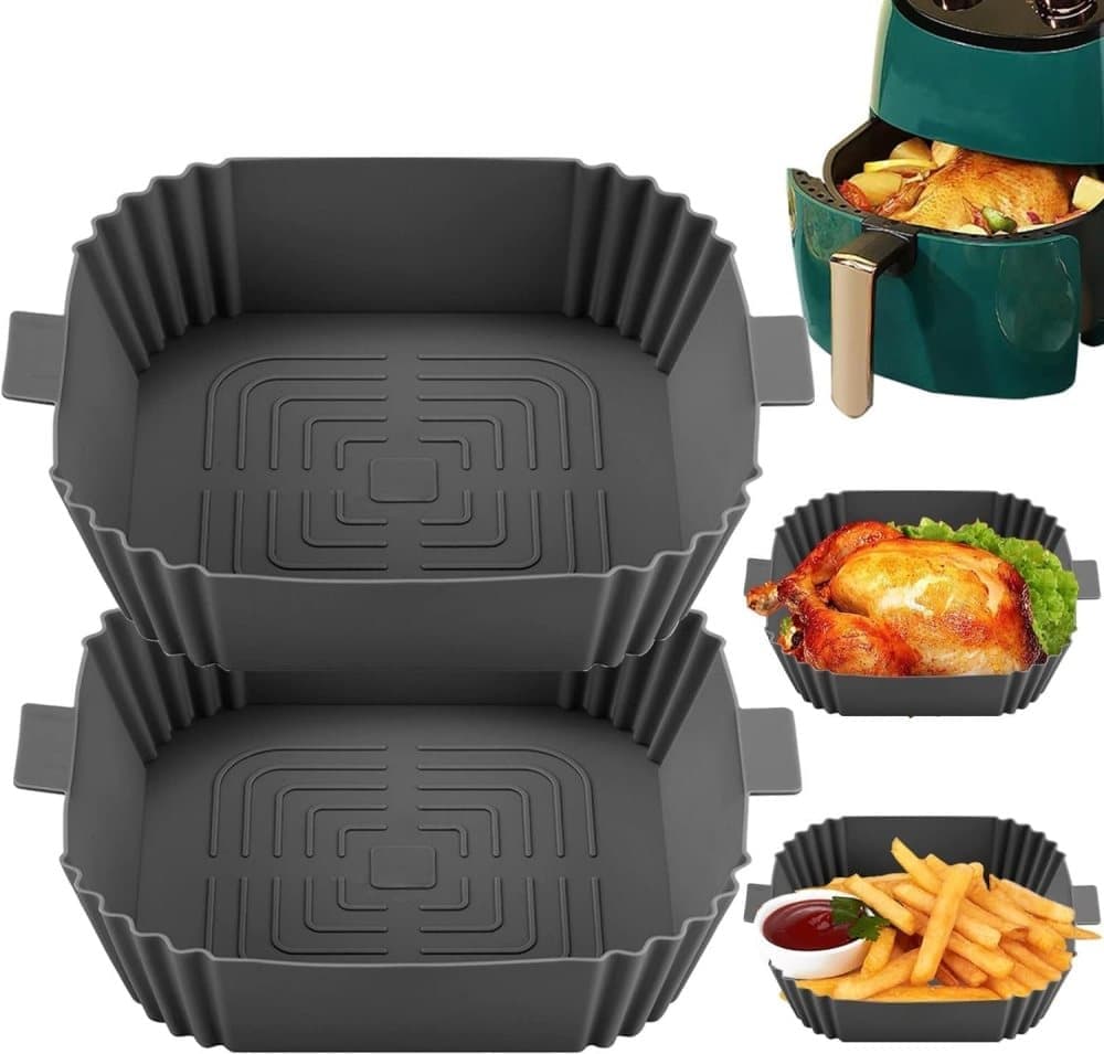 2-Pack Air Fryer Silicone Basket, Non-Stick Reusable Easy to Clean, Gray - Image 1