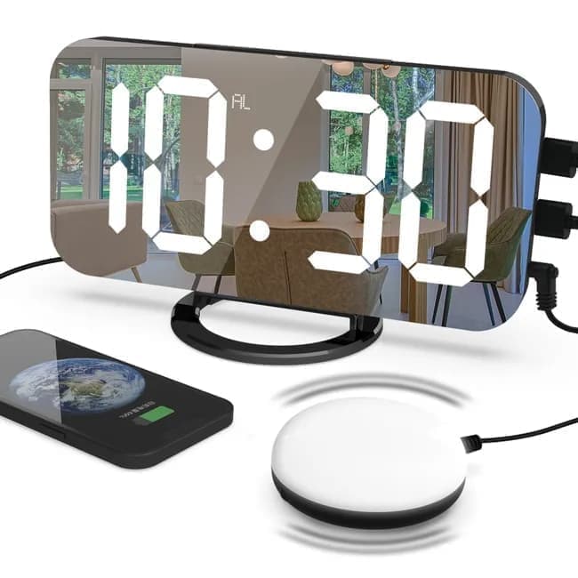 LED Alarm Clock with Bed Shaker for Heavy Sleepers, Digital Mirror Display, Compatible with Philips, Black - Image 1