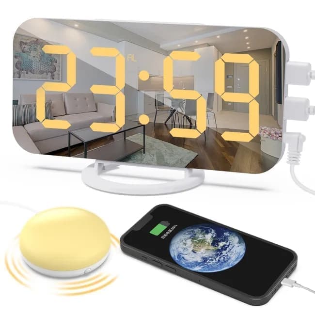 Digital Alarm Clock with Bed Shaker for Heavy Sleepers, LED Mirror Display, Compatible with Philips, Yellow - Image 1