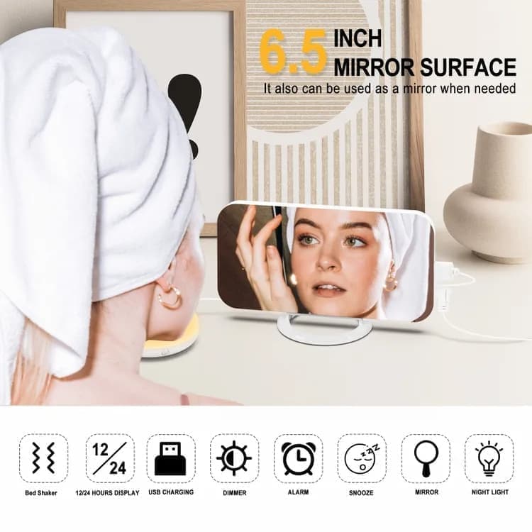 Digital Alarm Clock with Bed Shaker for Heavy Sleepers, LED Mirror Display, Compatible with Philips, Yellow - Image 3