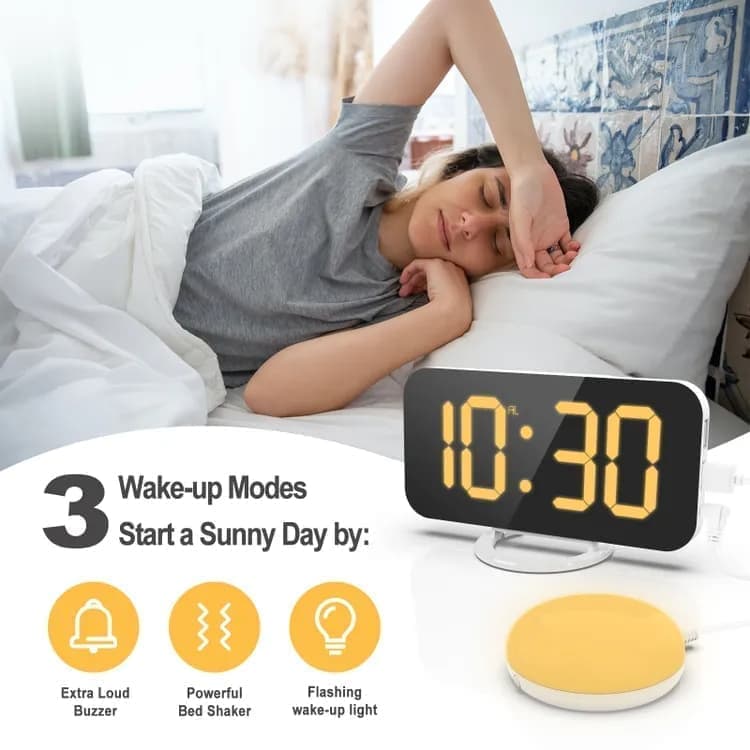 Digital Alarm Clock with Bed Shaker for Heavy Sleepers, LED Mirror Display, Compatible with Philips, Yellow - Image 4