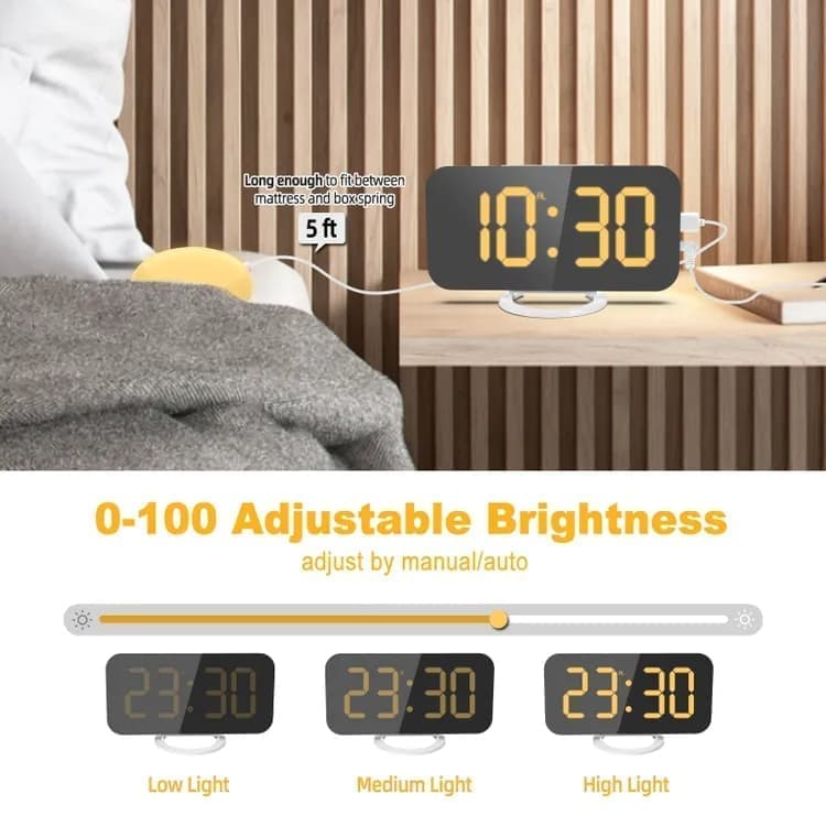 Digital Alarm Clock with Bed Shaker for Heavy Sleepers, LED Mirror Display, Compatible with Philips, Yellow - Image 5