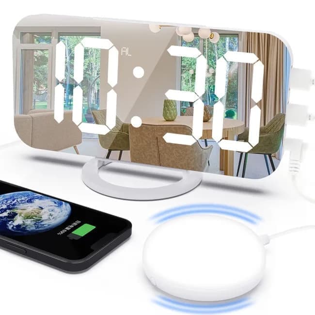 Digital LED Mirror Alarm Clock with Bed Shaker for Heavy Sleepers, White, compatible with Braun and Philips - Image 1