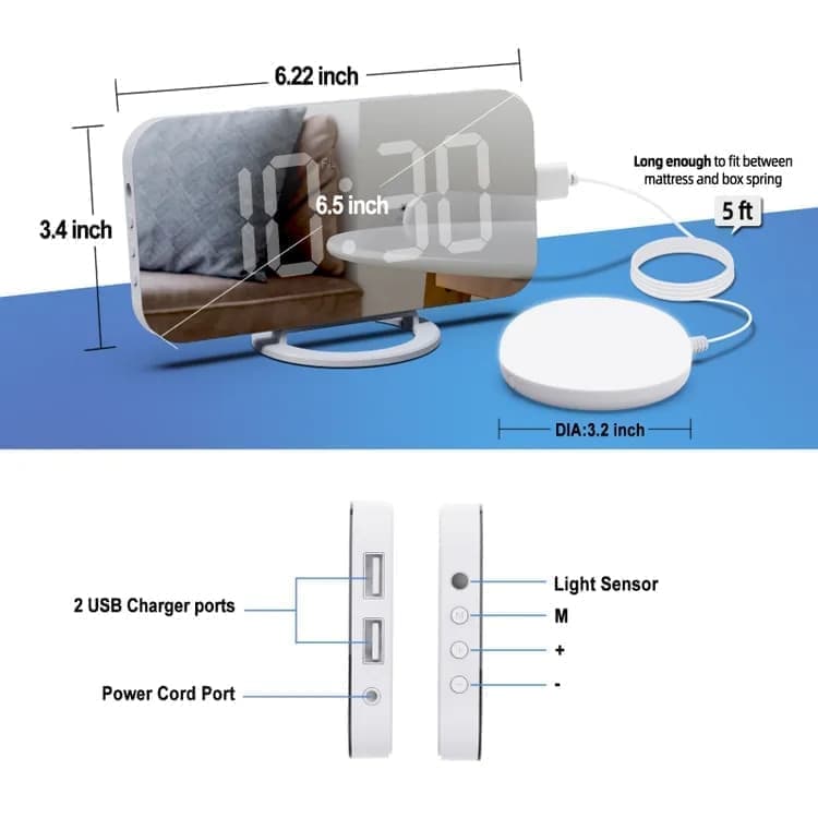 Digital LED Mirror Alarm Clock with Bed Shaker for Heavy Sleepers, White, compatible with Braun and Philips - Image 2