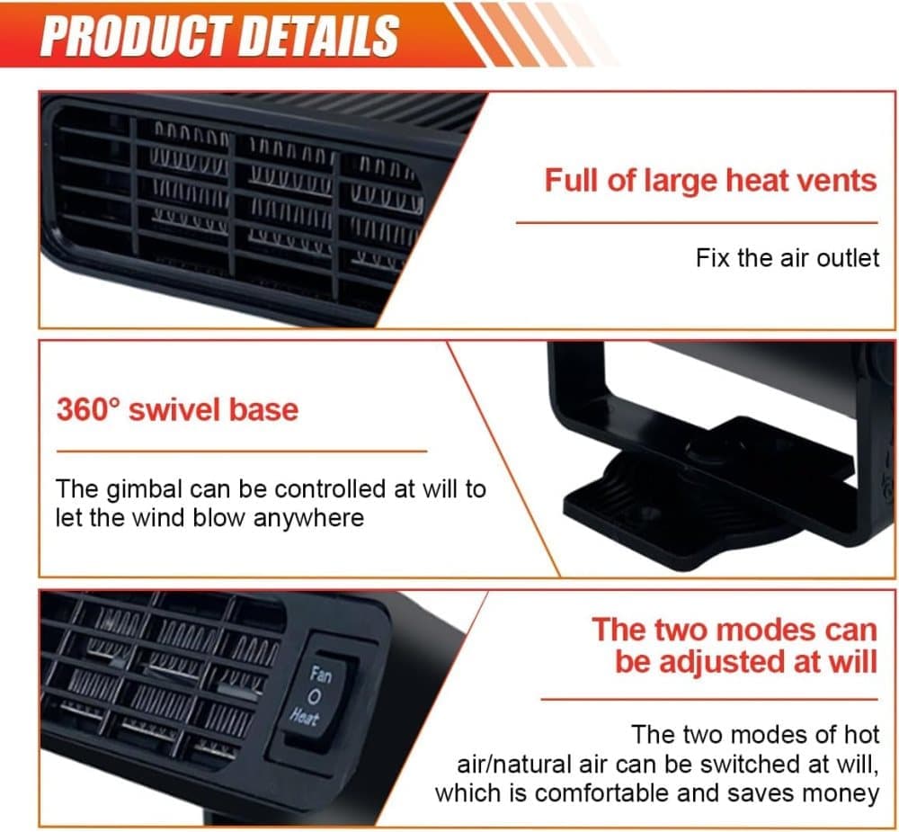 12V 200W Portable Car Heater and Fan 2-in-1 with 360° Rotation, Fast Defrosting and Windshield Demisting, Black - Image 3