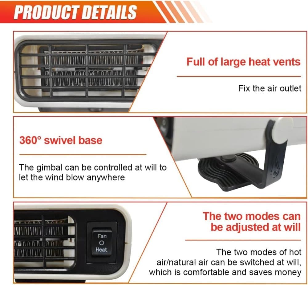 12V 200W Portable Car Heater and Fan 2-in-1 with 360° Rotation, White, Fast Defrosting Windshield Demisting - Image 3