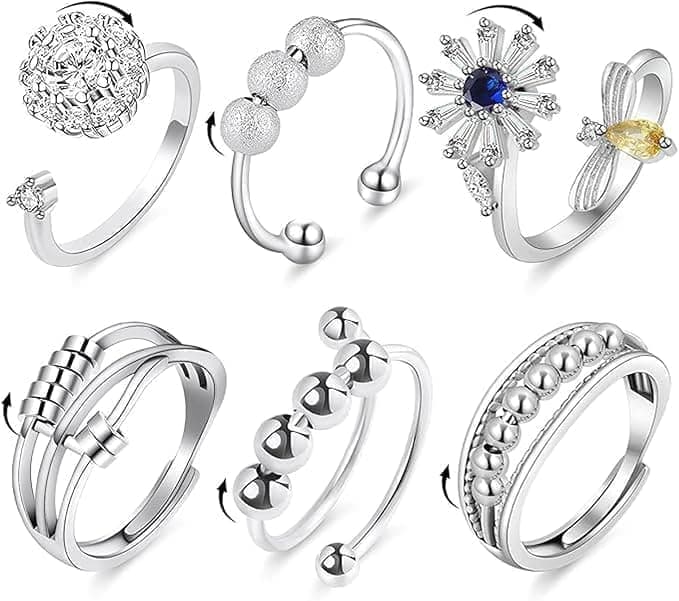 6 pcs Rotatable Anti-Stress Ring with Rotating Beads, Silver, Compatible with Fidget Spinner Rings - Image 1