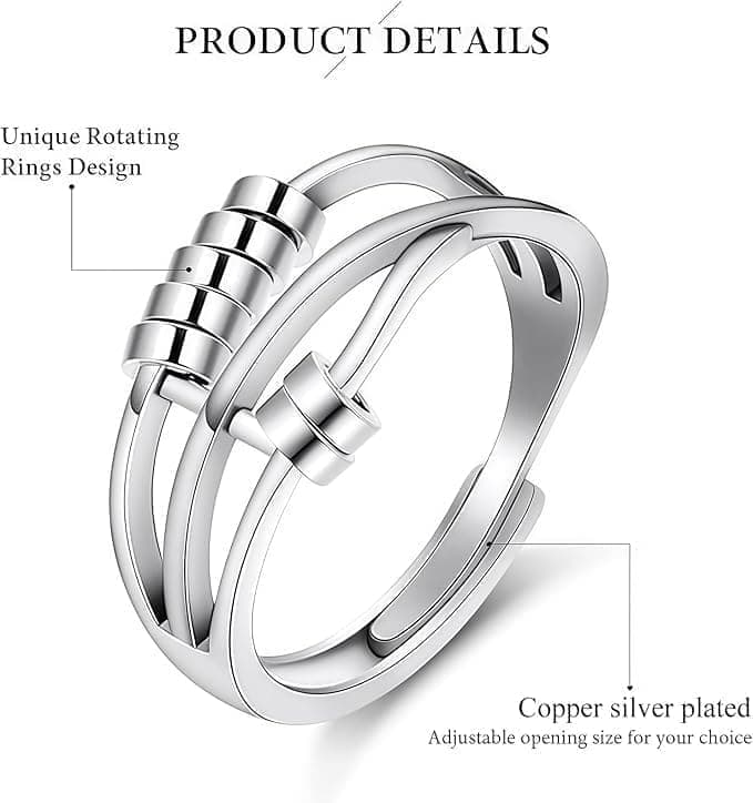 6 pcs Rotatable Anti-Stress Ring with Rotating Beads, Silver, Compatible with Fidget Spinner Rings - Image 2