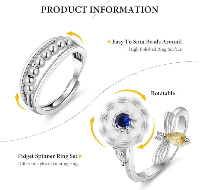 6 pcs Rotatable Anti-Stress Ring with Rotating Beads, Silver, Compatible with Fidget Spinner Rings - Image 3