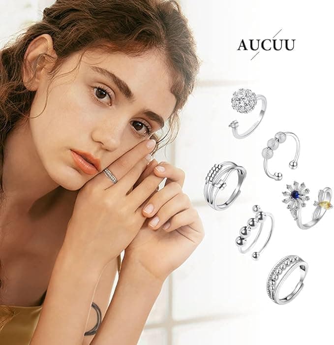 6 pcs Rotatable Anti-Stress Ring with Rotating Beads, Silver, Compatible with Fidget Spinner Rings - Image 4