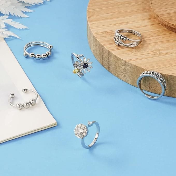 6 pcs Rotatable Anti-Stress Ring with Rotating Beads, Silver, Compatible with Fidget Spinner Rings - Image 5