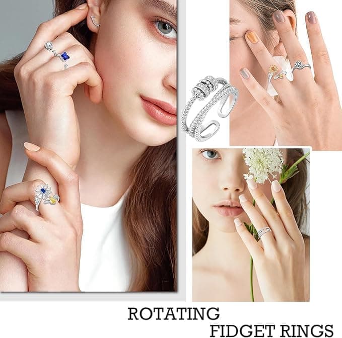 5 pcs Anti Stress Ring with Rotating Beads Fidget Spinner, Silver - Image 3