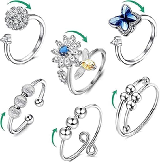 6-Pack Adjustable Anti-Stress Ring with Rotating Beads, Silver, Compatible with Fidget Spinner Rings - Image 1