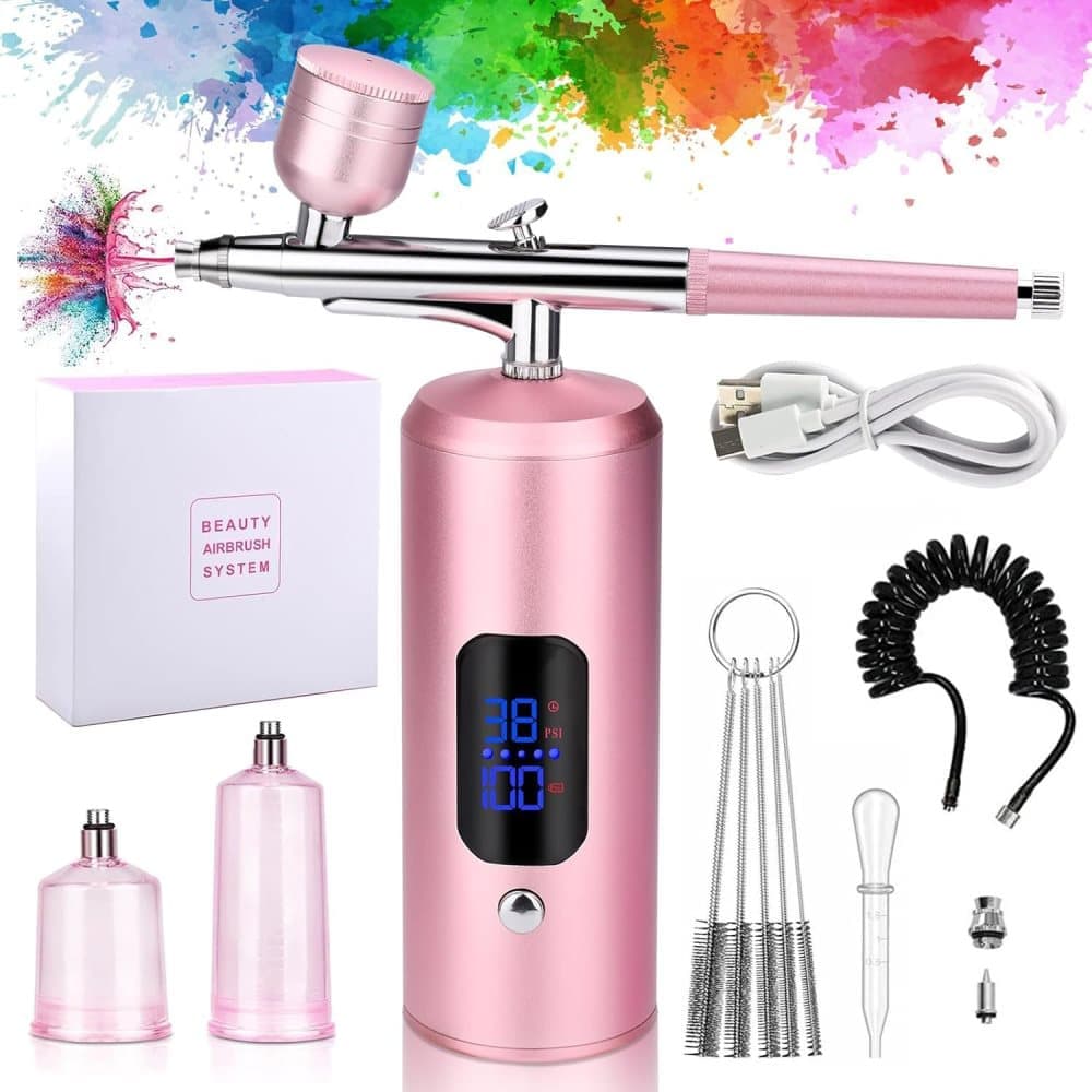 Wireless Airbrush Machine with USB Charging 3 Speed Modes for Nail Art Cake Decorating and Painting, Pink - Image 1
