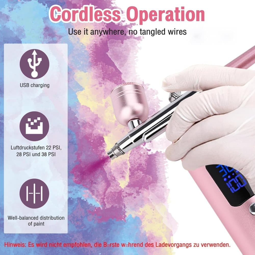Wireless Airbrush Machine with USB Charging 3 Speed Modes for Nail Art Cake Decorating and Painting, Pink - Image 2