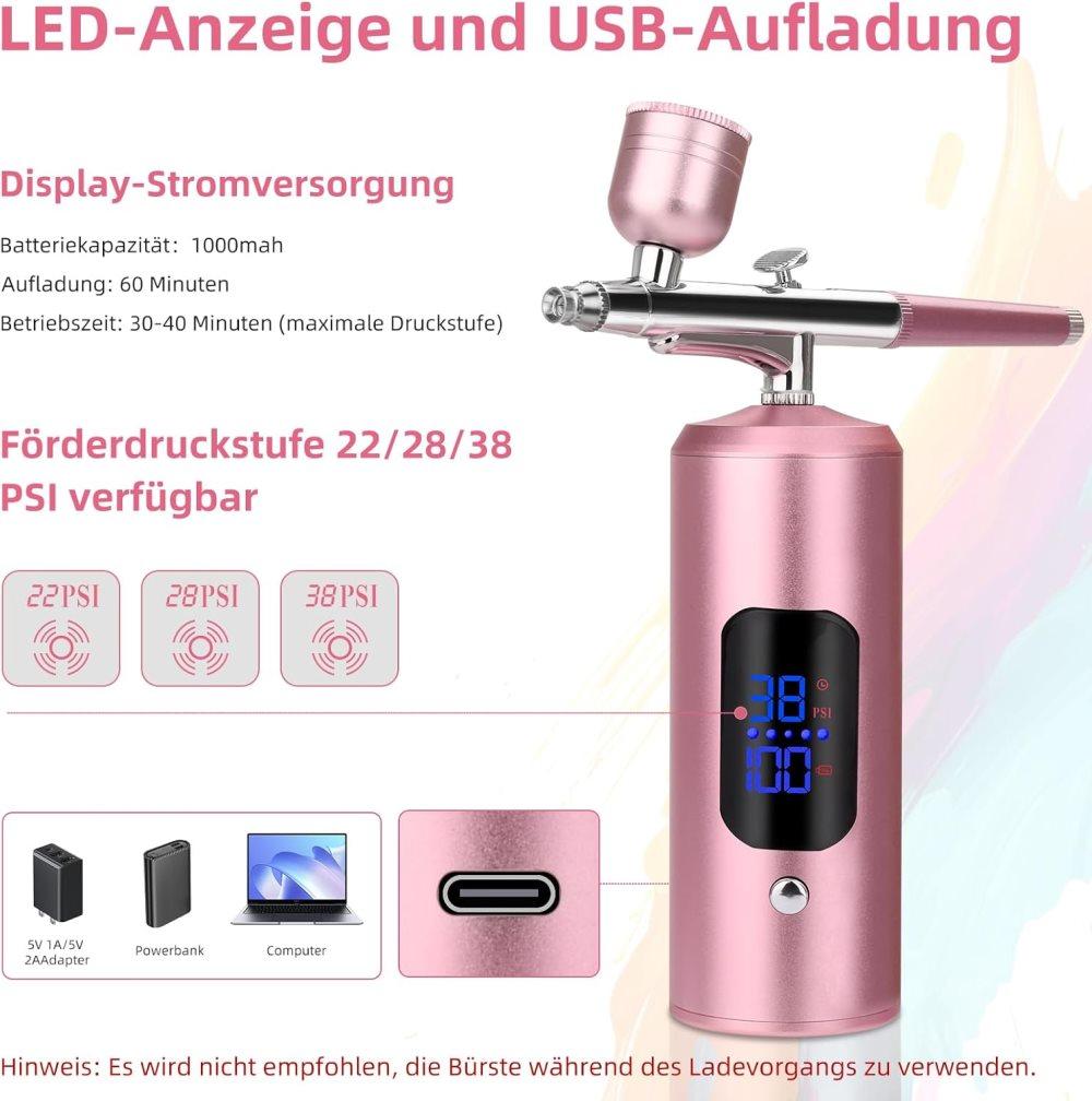 Wireless Airbrush Machine with USB Charging 3 Speed Modes for Nail Art Cake Decorating and Painting, Pink - Image 4