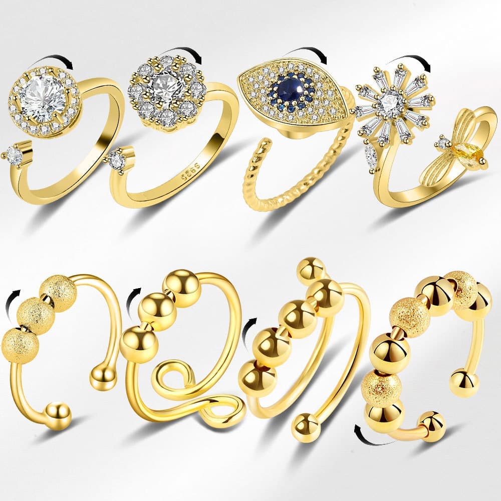 8 pcs Adjustable Antistress Ring with Rotating Beads, Gold, Compatible with Fidget Spinner Rings - Image 1