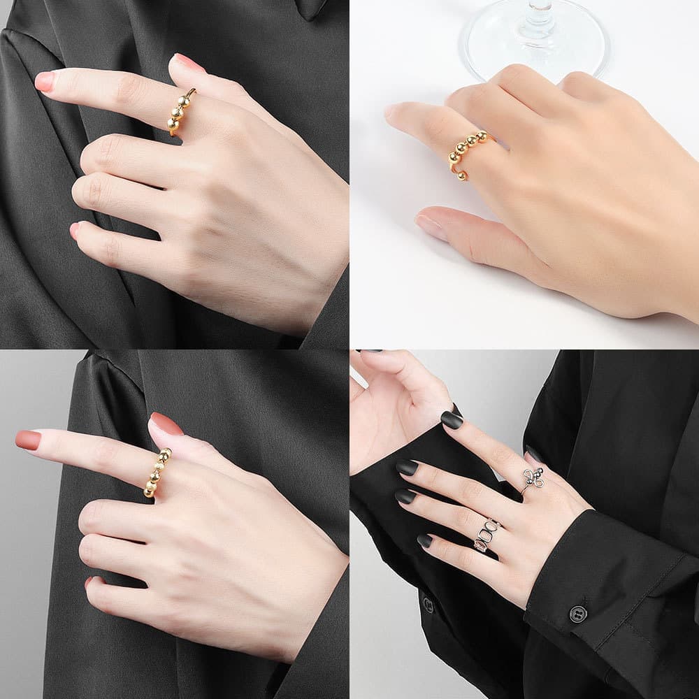 8 pcs Adjustable Antistress Ring with Rotating Beads, Gold, Compatible with Fidget Spinner Rings - Image 2