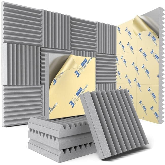 12 Self-Adhesive Acoustic Panels, High Density Sound Absorbing Insulation, Grey, 30x30x5cm - Image 1