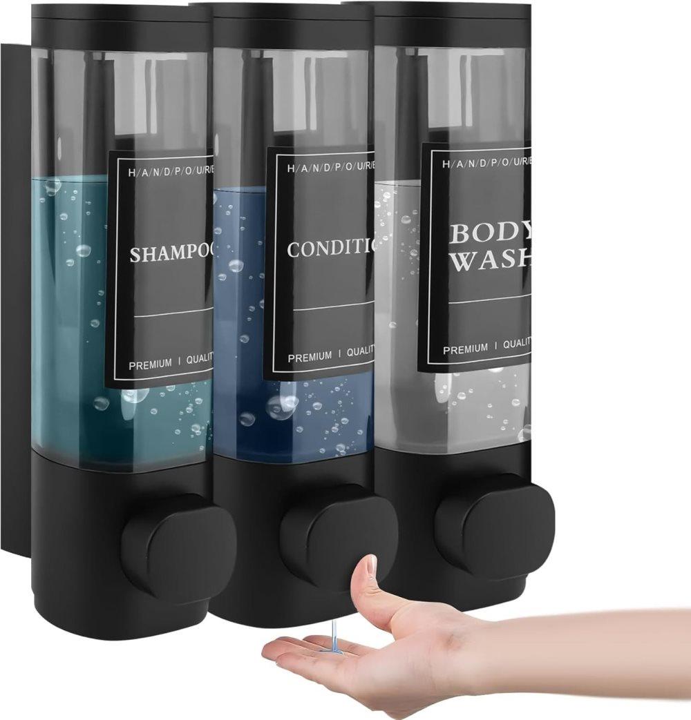 3-Pack Wall Mounted Soap Dispenser for Shampoo & Soap, 300ml x3, 3-Compartment Shower Dispenser, Black - Image 1