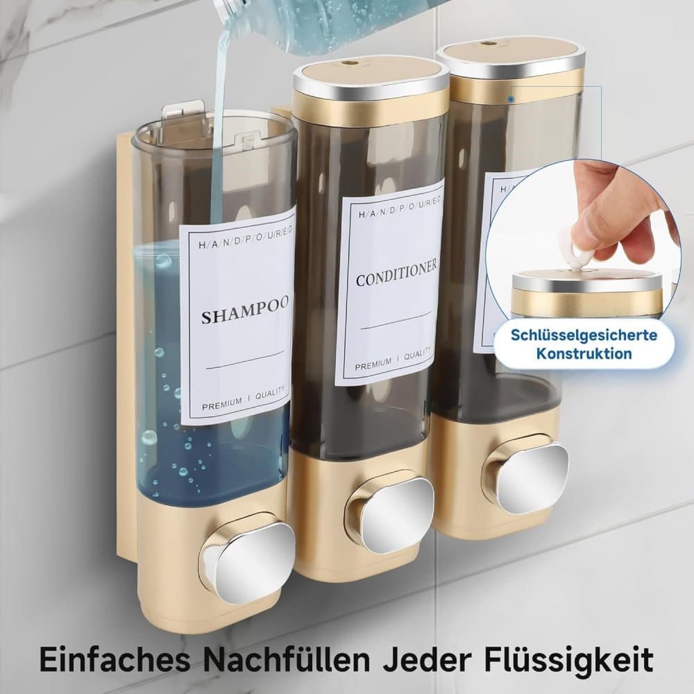 3-Pack Wooden Wall Mounted Soap Dispenser for Shampoo & Soap, 300ml x3, 3-Compartment Shower Dispenser - Image 2