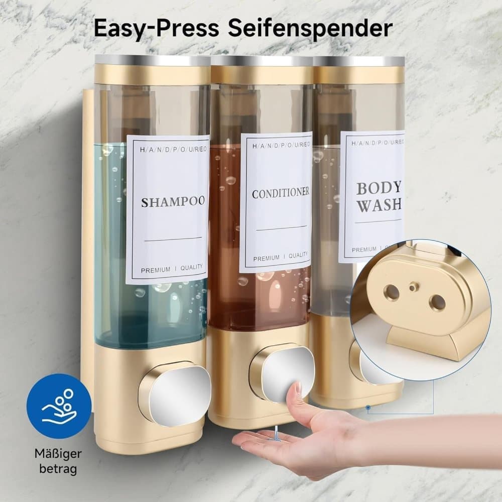 3-Pack Wooden Wall Mounted Soap Dispenser for Shampoo & Soap, 300ml x3, 3-Compartment Shower Dispenser - Image 3