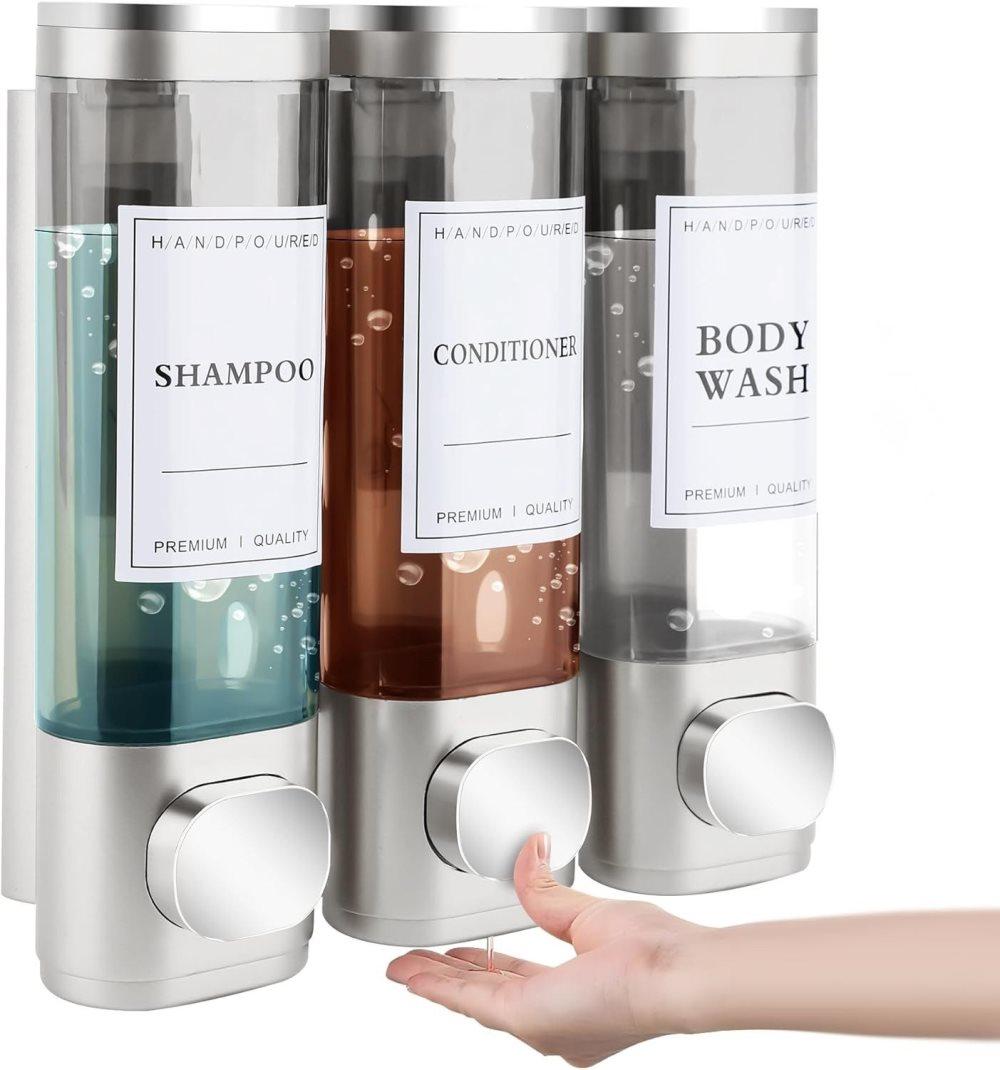 3-Piece 300ml Wall Mounted Soap Dispenser for Shampoo & Soap, Silver - Image 1