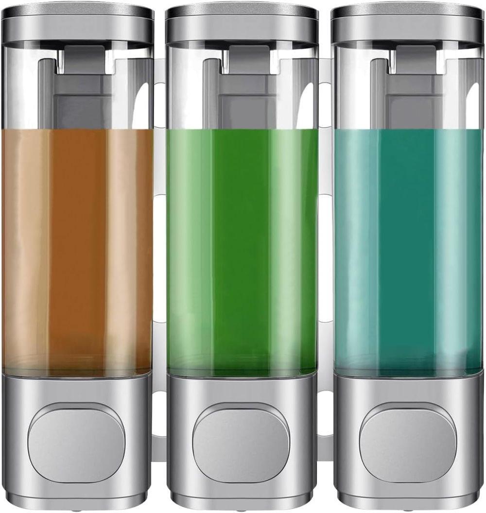 3-Pack Wall Mounted Soap Dispenser, 300ml, 3-Compartment Shower Dispenser for Shampoo & Soap, Gray - Image 1