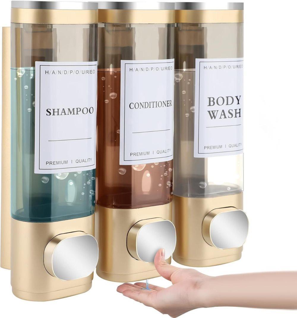 3-Pack Wall Mounted Soap Dispenser for Shampoo & Soap, 300ml x3, Gold - Image 1