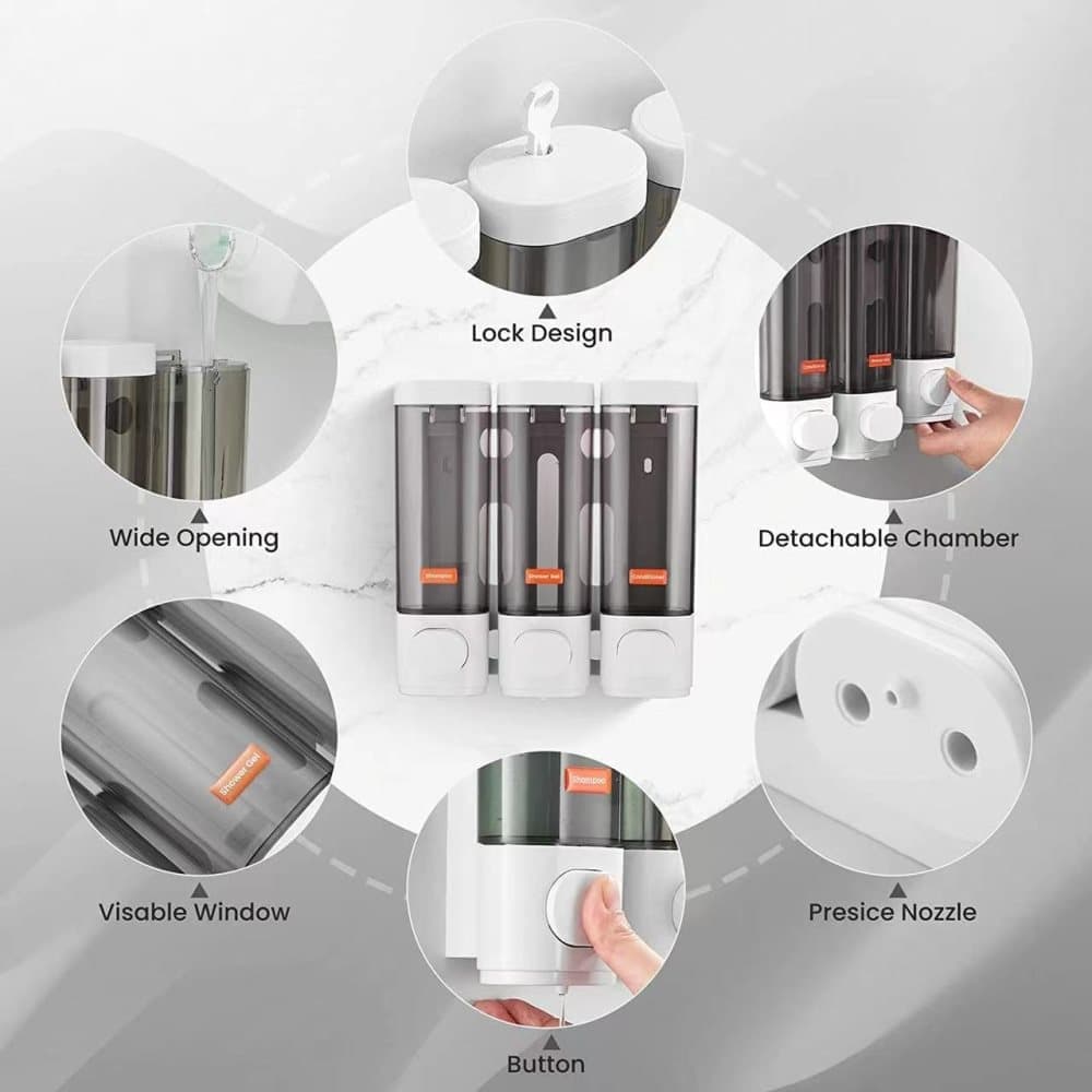 3-Pack Wall Mounted Soap Dispenser, 300ml x3, 3-Compartment Shower Dispenser for Shampoo & Soap, Metallic - Image 8