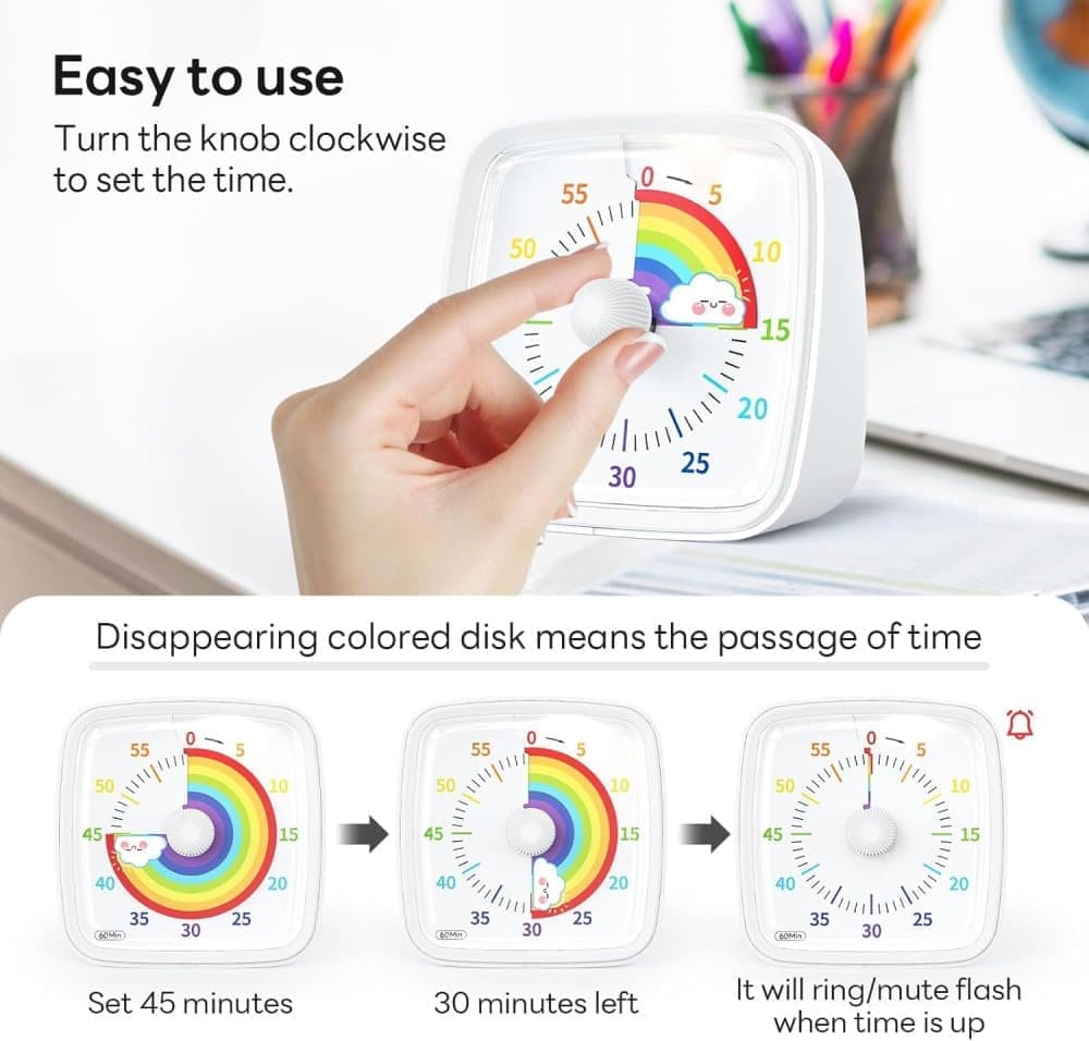 60 Minutes Visual Timer with Rainbow Pattern, Silent Flash Function, Adjustable Volume, White - Image 4