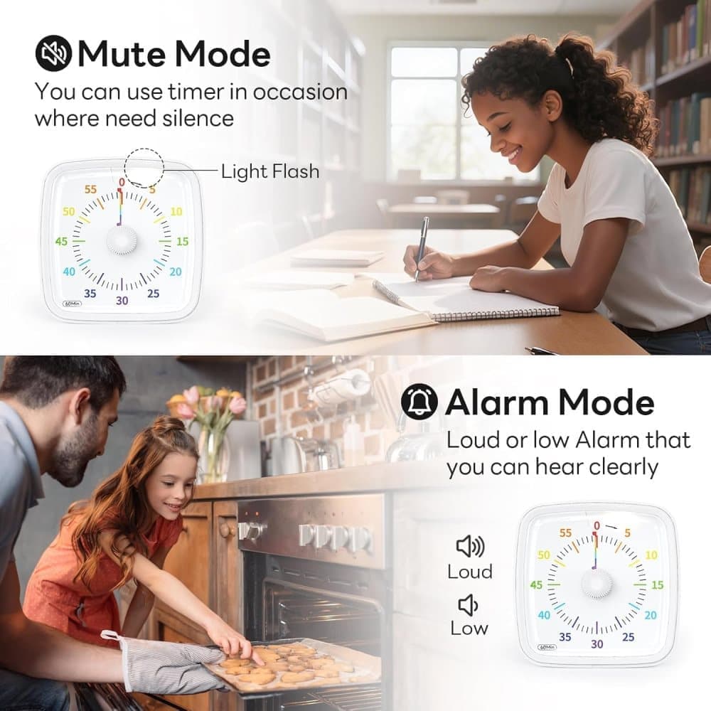 60 Minutes Visual Timer with Rainbow Pattern, Silent Flash Function, Adjustable Volume, White - Image 5