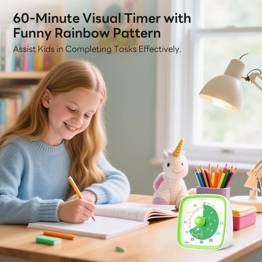60 Minutes Visual Timer with Rainbow Pattern, Silent Flash Function, Adjustable Volume, Green - Image 2