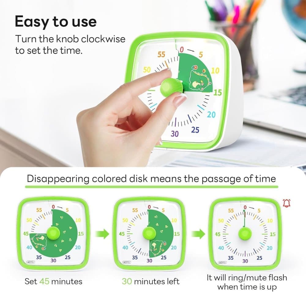 60 Minutes Visual Timer with Rainbow Pattern, Silent Flash Function, Adjustable Volume, Green - Image 3