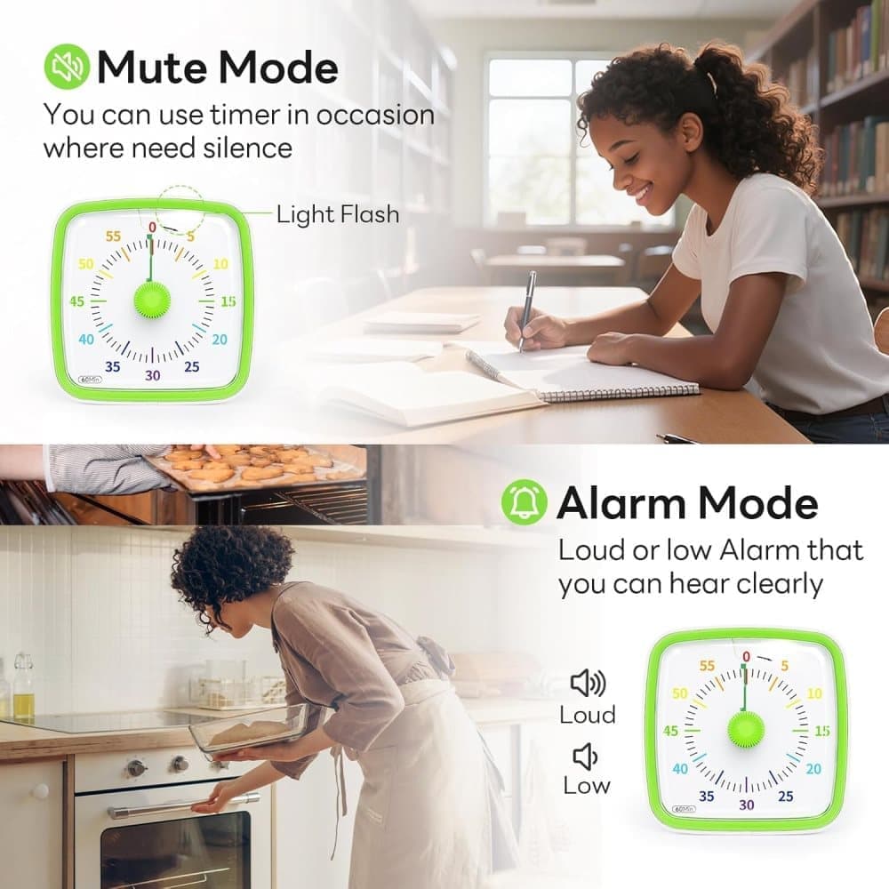 60 Minutes Visual Timer with Rainbow Pattern, Silent Flash Function, Adjustable Volume, Green - Image 4