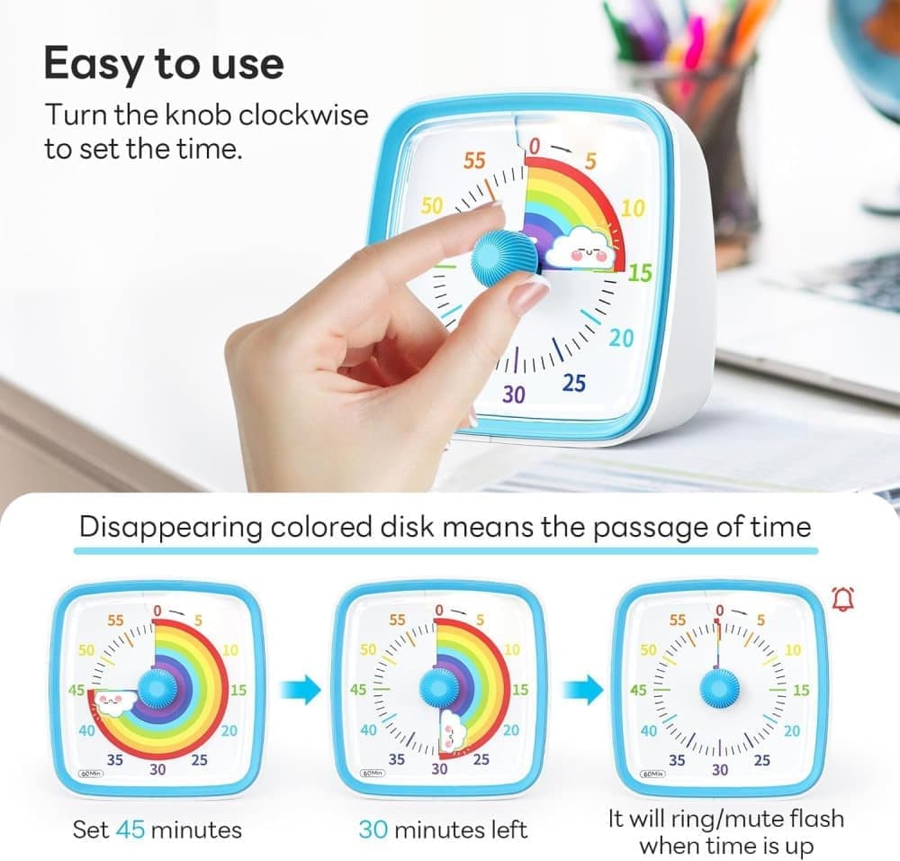 60 Minute Visual Timer with Rainbow Pattern, Silent Flash Function, Adjustable Volume, Blue - Image 3