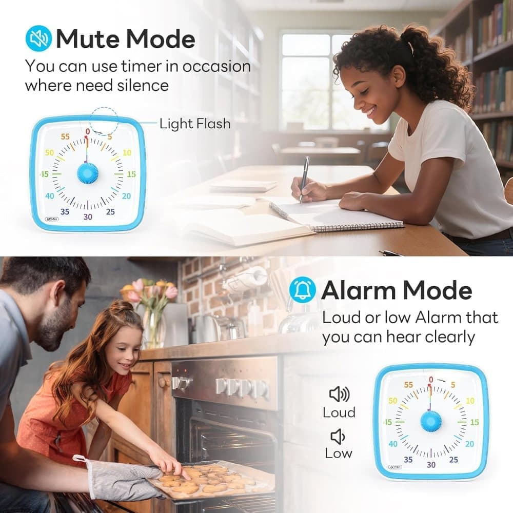 60 Minute Visual Timer with Rainbow Pattern, Silent Flash Function, Adjustable Volume, Blue - Image 4