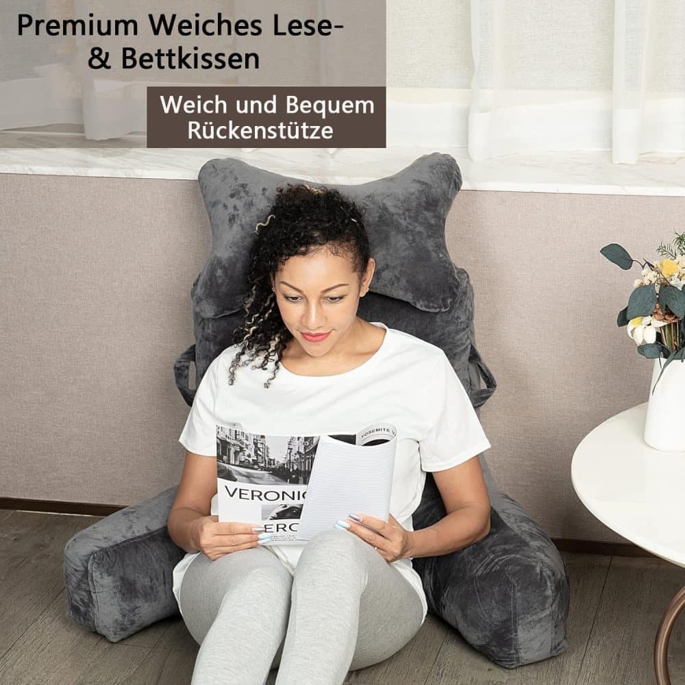 1 Piece Extra Large Back Cushion with Armrests for Bed and Sofa, Gray - Image 7