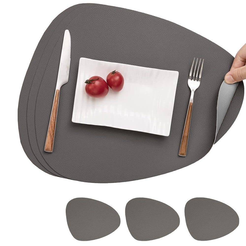 4-Pack Faux Leather Placemats Waterproof Non-Slip Easy-to-Dry Double-Sided, Gray, 12x18 Inches - Image 1