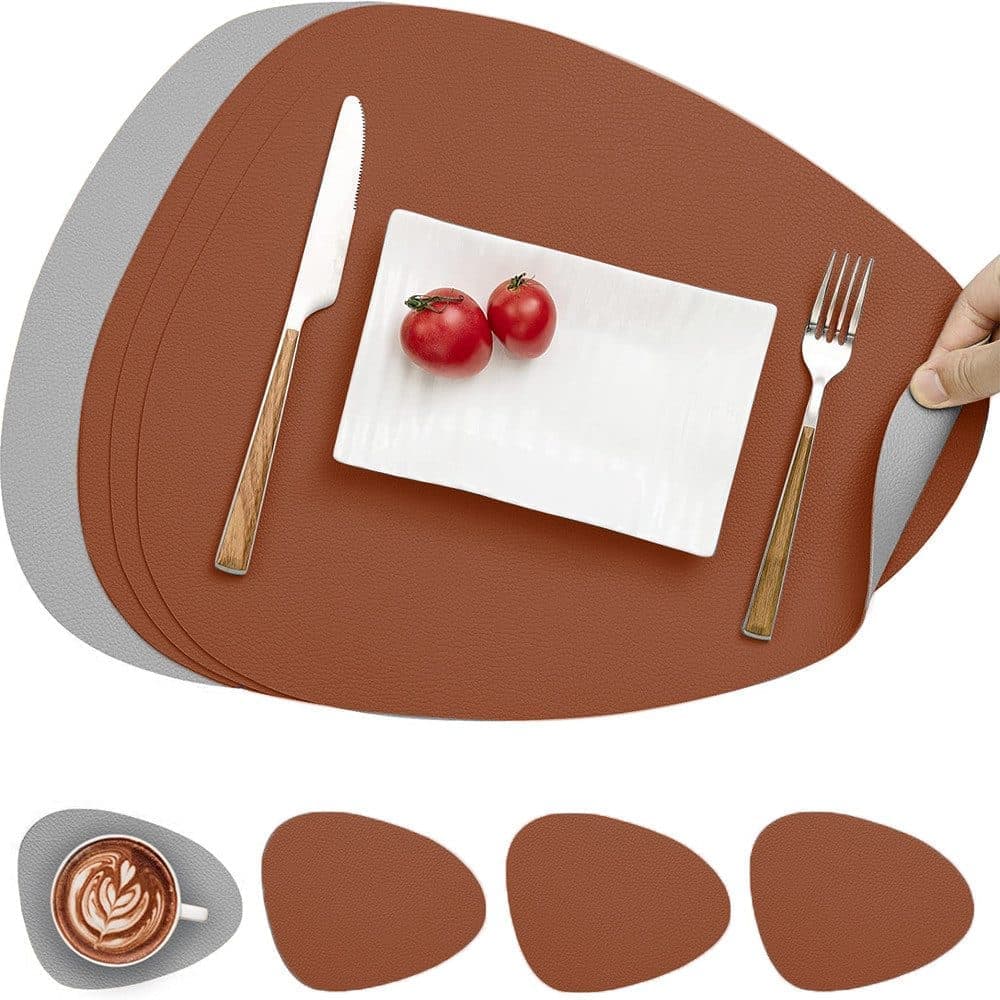 4-Pack Faux Leather Placemats Waterproof Non-Slip Easy-to-Dry Double-Sided, Brown - Image 1