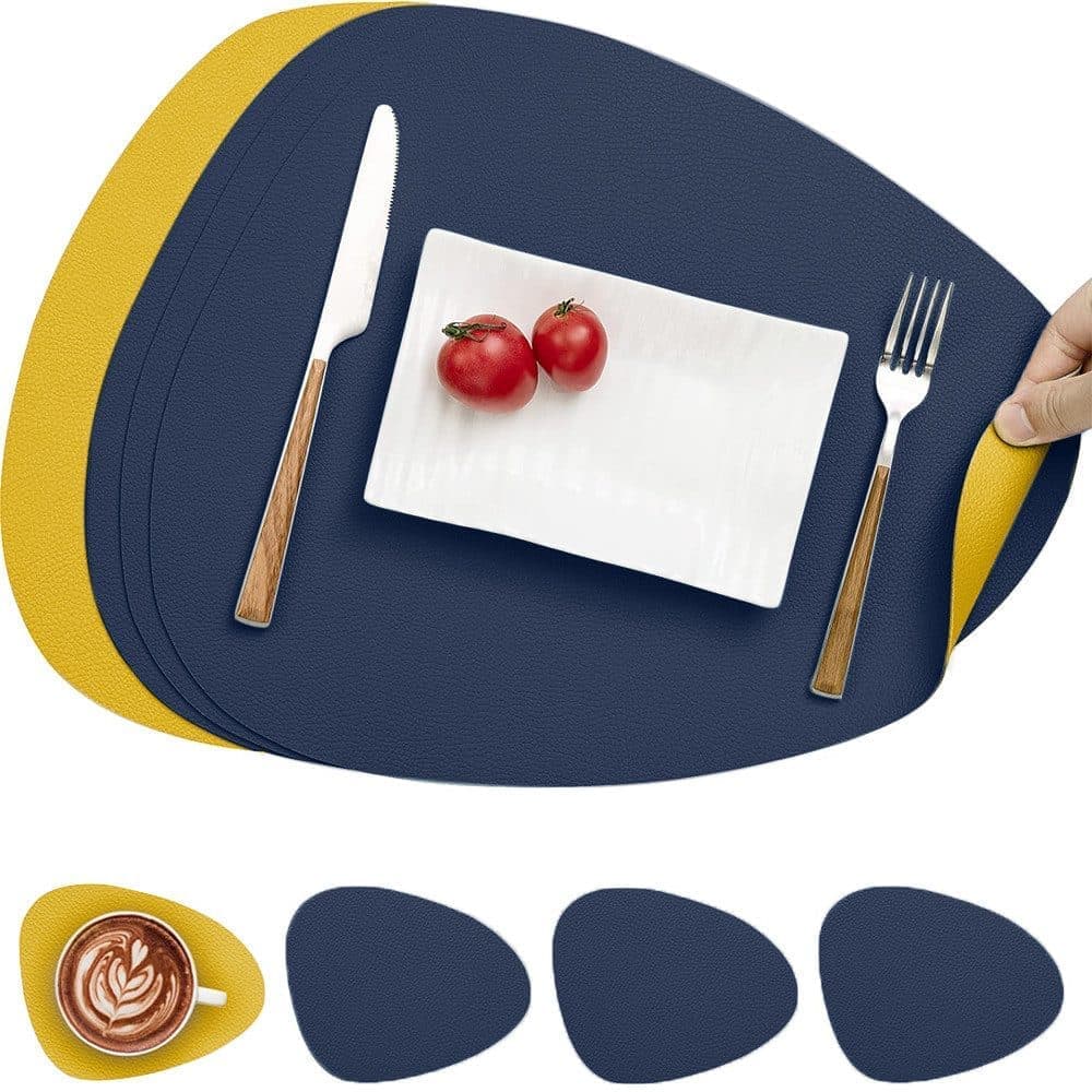 4-Pack Faux Leather Placemats Waterproof Non-Slip Easy-to-Dry Double-Sided, Dark Blue - Image 1