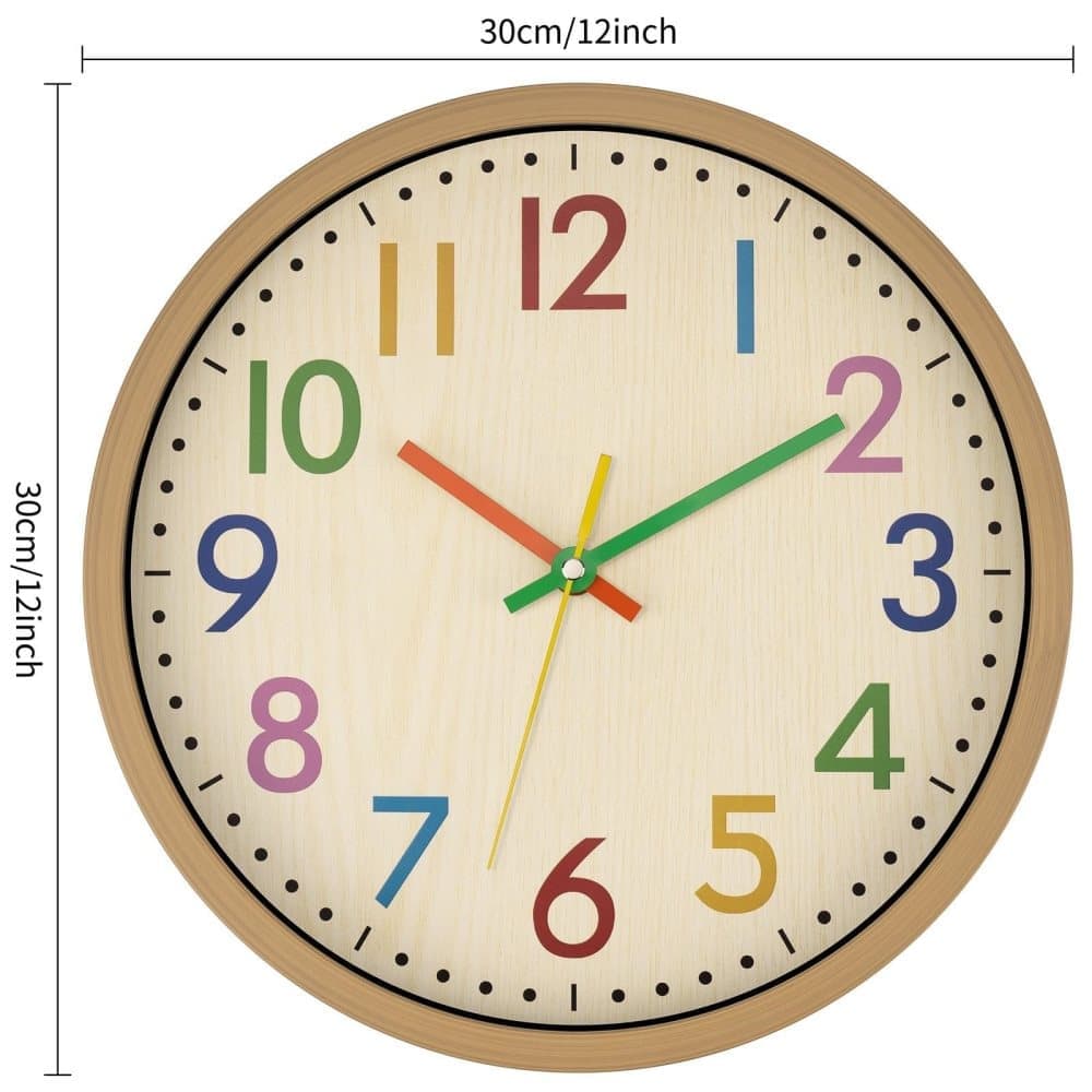 30 cm Silent Wall Clock for Kids Room Bedroom Kitchen, Colorful Learning Analog Clock, 30 cm - Image 2