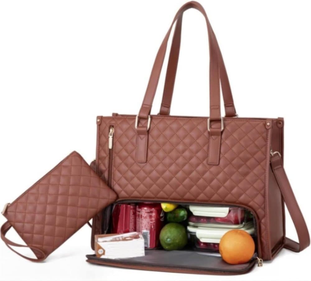 15.6 Inch 2-in-1 Insulated Leak-Proof Handbag and Lunch Bag Cooler Laptop Bag for Work, Brown - Image 1