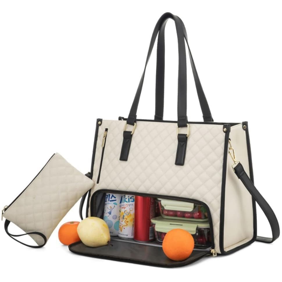 15.6 Inch 2-in-1 Insulated Leak-Proof Cooler Bag with Laptop Compartment, Beige - Image 1