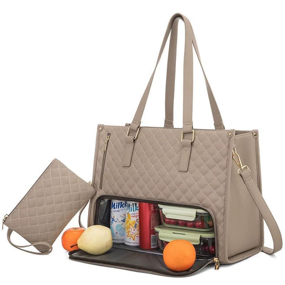 2-in-1 Insulated Leak-Proof Cooler Laptop Handbag and Lunch Bag, 15.6 inch, Light Brown - Image 1