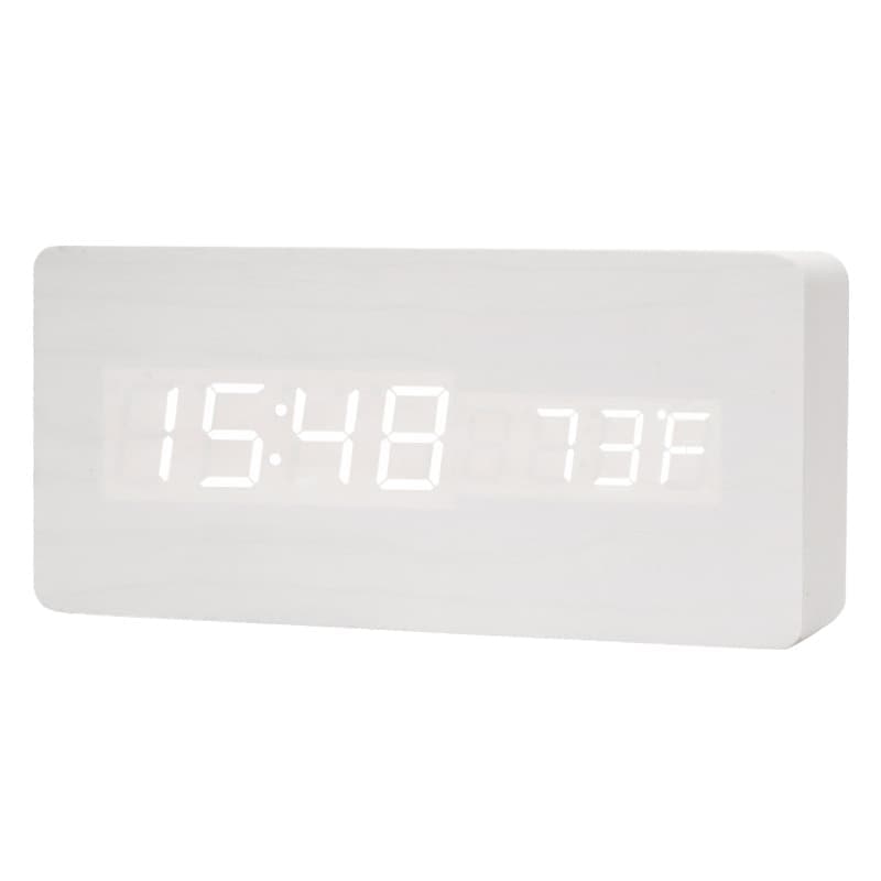 Digital LED Alarm Clock with USB Charger, Silent Wooden Clock for Bedrooms and Travel, 12/24h LCD Display, White - Image 1