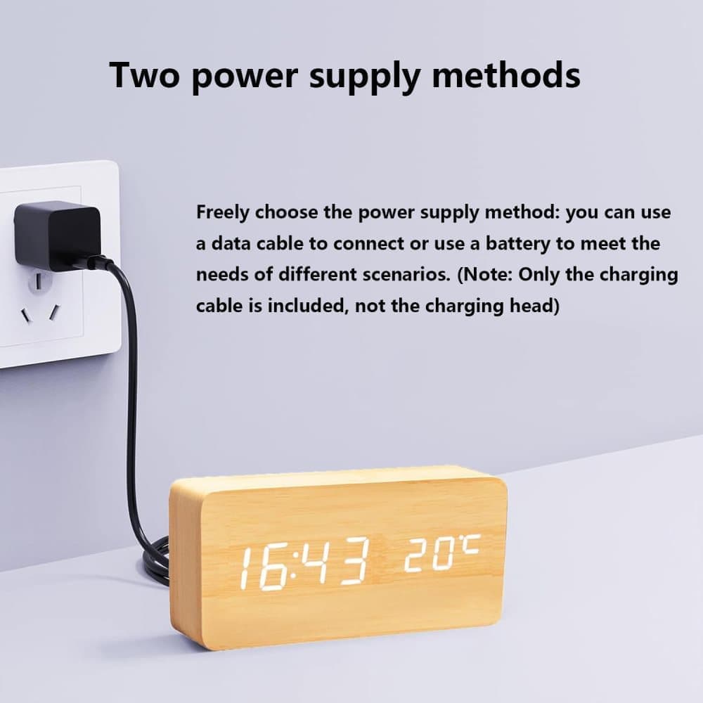 Digital LED Alarm Clock with USB Charger, Silent Wooden Clock for Bedrooms and Travel, 12/24h LCD Display, White - Image 6